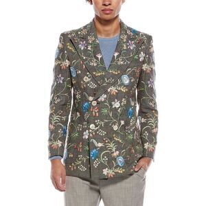 Gucci Mens Floral Embroidered Wool & Linen-Blend Plaid Jacket